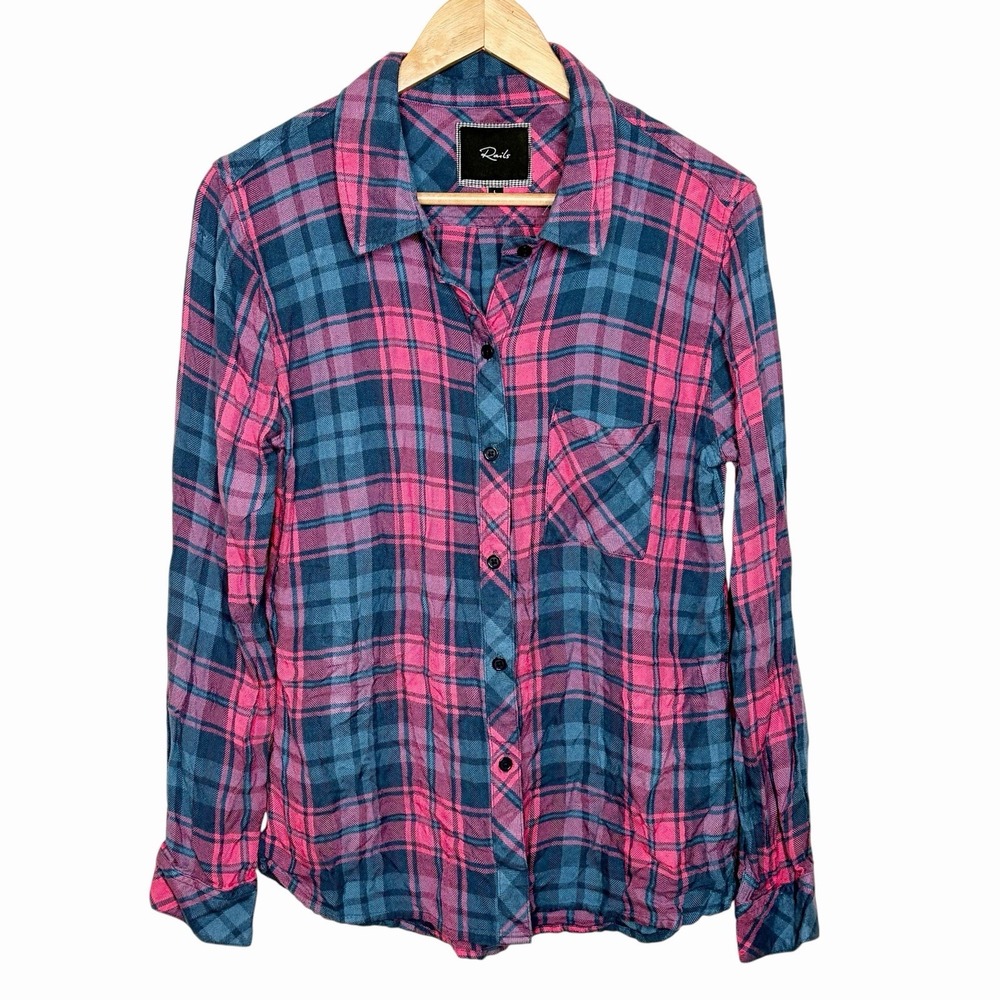 Rails Plaid Shirt Pink Blue Womens Size L Grunge Granola Girl Fall Button Up